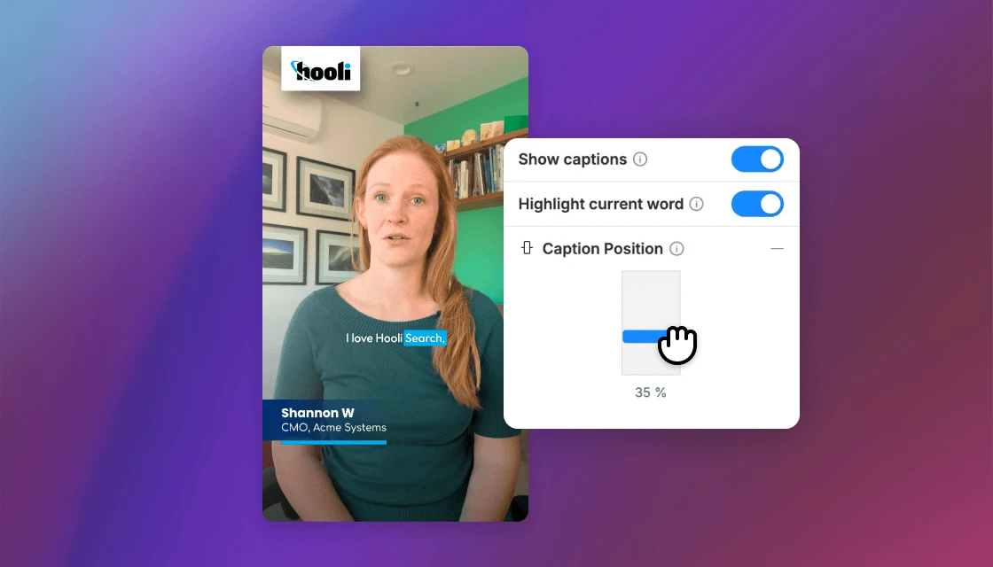Caption settings: show captions, highlight the current word, caption position