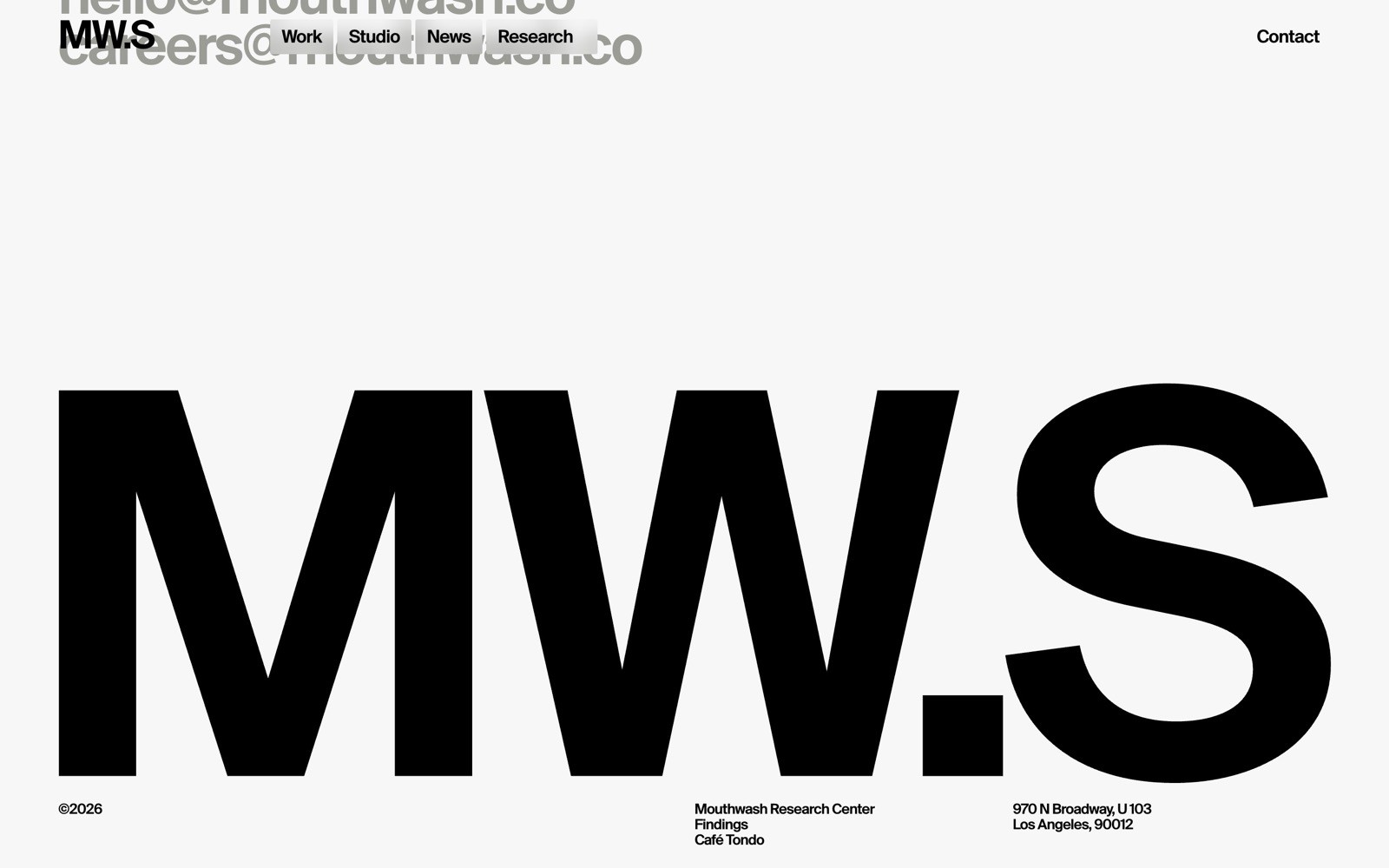 Bold black text "MW.S" with contact info and "©2026 Mouthwash Research Center Findings Cadu Tondo" below. White background.