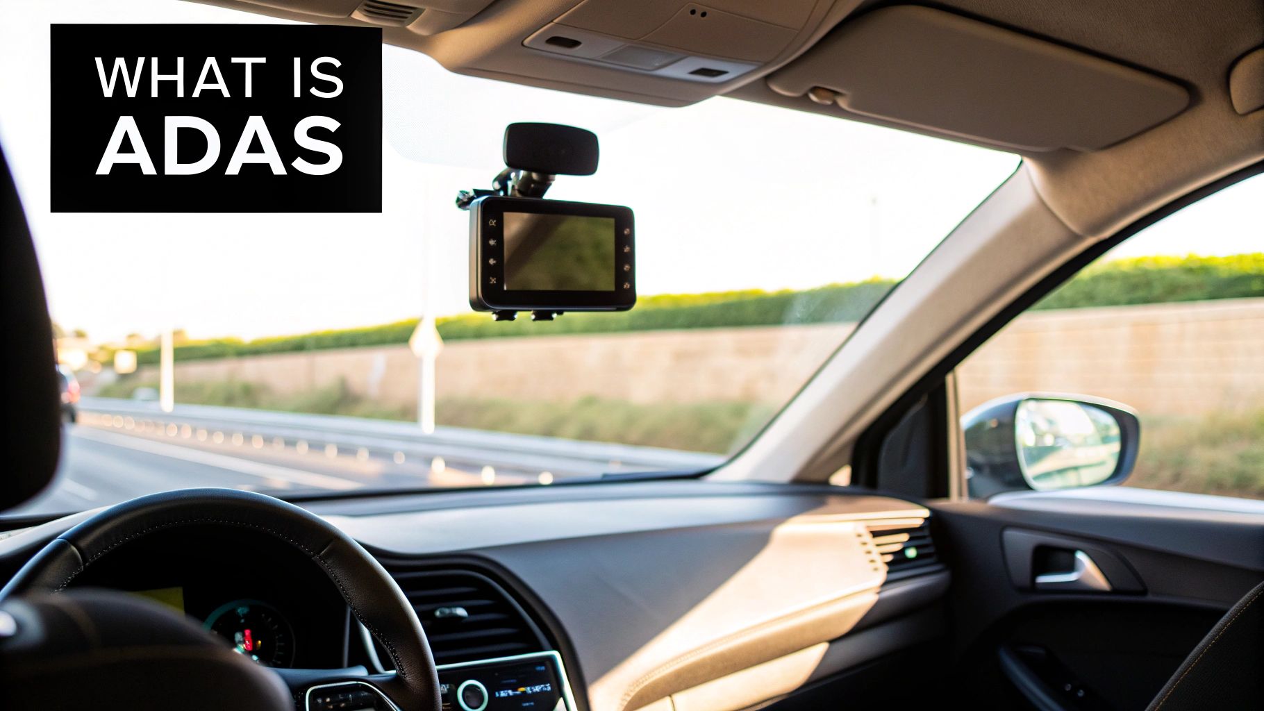 A technician working on a car windshield equipped with ADAS sensors, highlighting the technology involved.