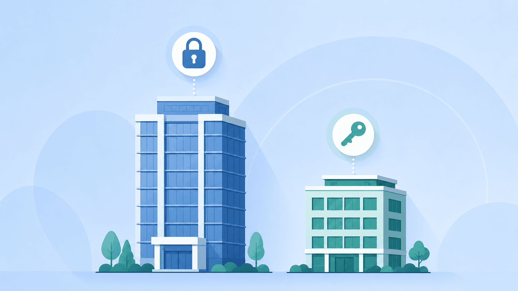 A clean, minimal flat-illustration for a B2B SaaS blog about identity and access management. Two simple buildings side by side. On the left, a large tall enterprise office building. On the right, a smaller mid-size building. Each building has a simple lock or key badge icon above it representing access management. Soft blue and teal color palette, lots of whitespace, minimal, professional, no text labels, subtle drop shadows. Wide 16:9 aspect ratio.