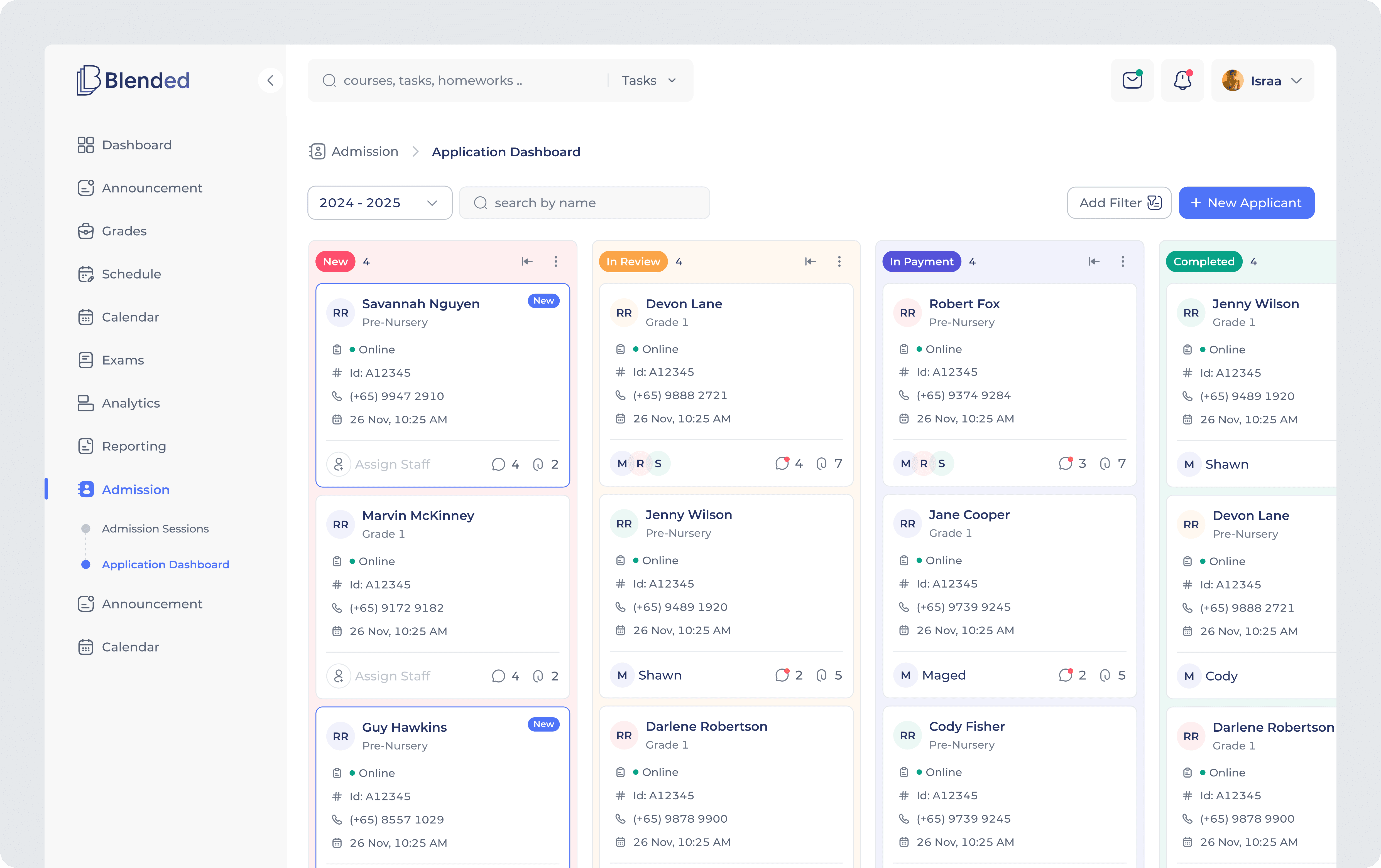 Stage-based admission dashboard with Kanban-style columns for new, in-review, payment, and completed applications with staff assignment indicators.