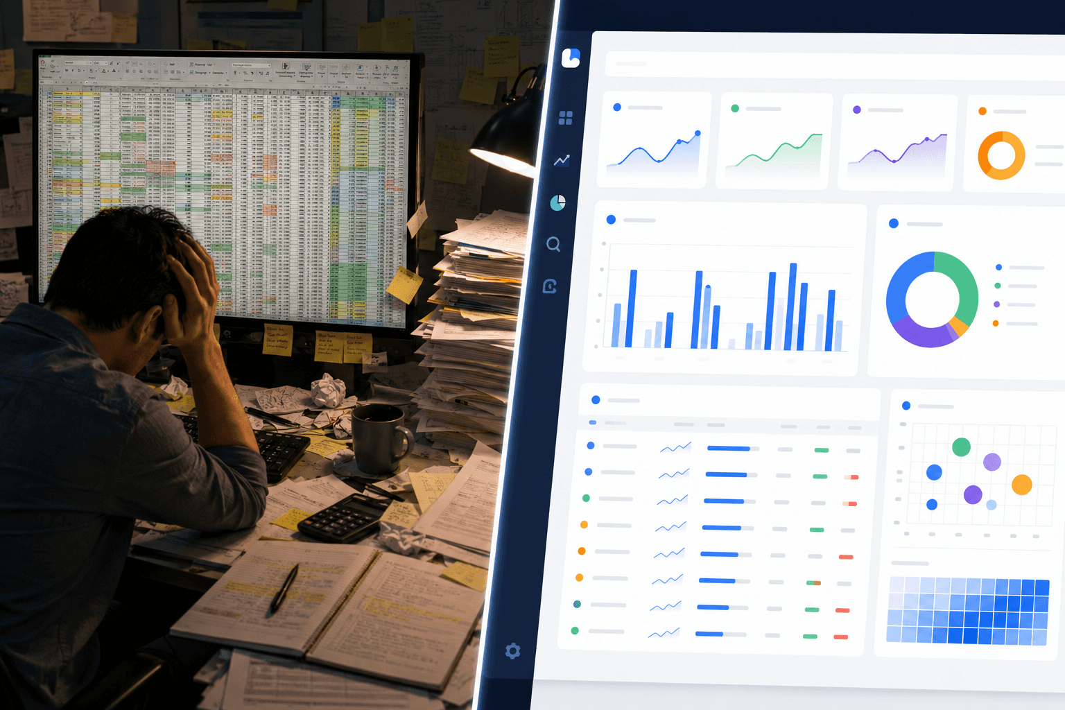 A split image shows a man overwhelmed by spreadsheets on the left and a clean, modern data dashboard on the right. The left side depicts a man with his head in his hands, sitting at a cluttered desk filled with papers, a calculator, and a mug, illuminated by a desk lamp. The computer screen displays a complex spreadsheet with many cells. The right side showcases a sleek digital interface with various charts and graphs, including line graphs, bar charts, a pie chart, and scatter plots, presented in a clean, organized layout.