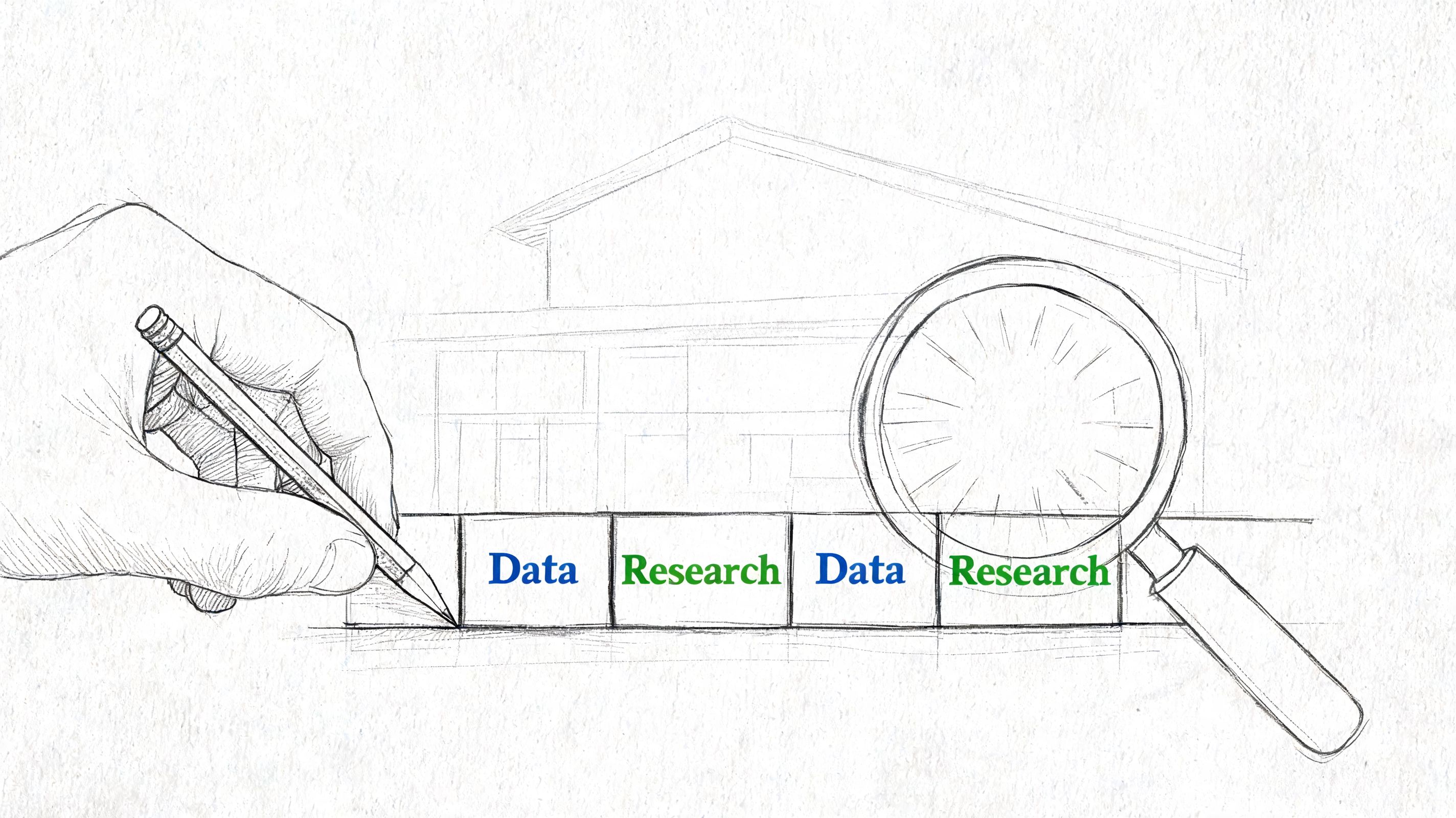 A hand drawing blocks labeled Data and Research with a magnifying glass examining the research block.