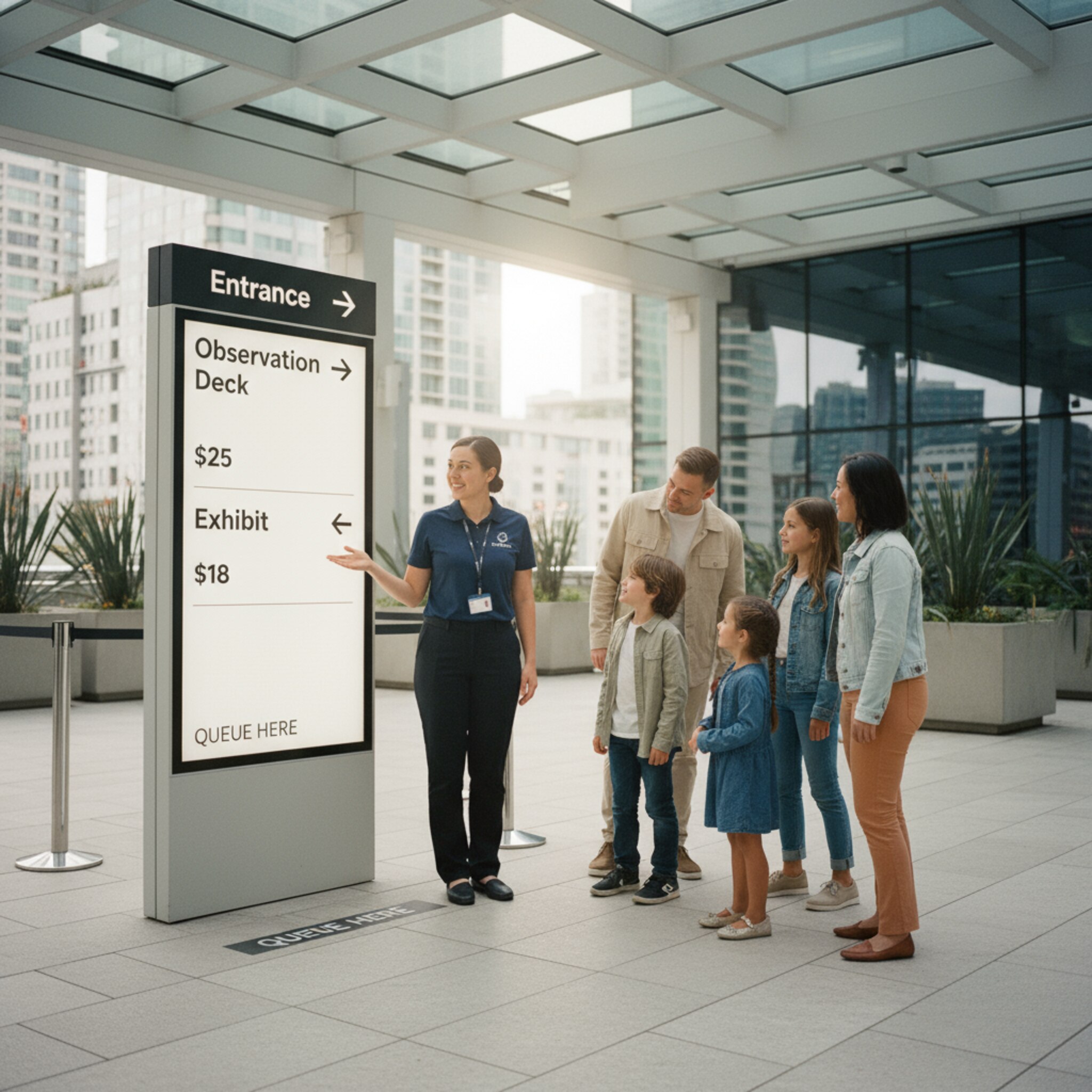 Am Eingang einer Attraktion deutet eine Mitarbeiterin auf eine Tafel mit Angeboten wie Aussicht plus Ausstellung. Familien besprechen kurz die Auswahl, Kinder strahlen vor Neugier. Die Sonne fällt auf die Beschilderung, der Einlass ist klar ausgeschildert. Die Stimmung ist positiv und entscheidungsfreudig.