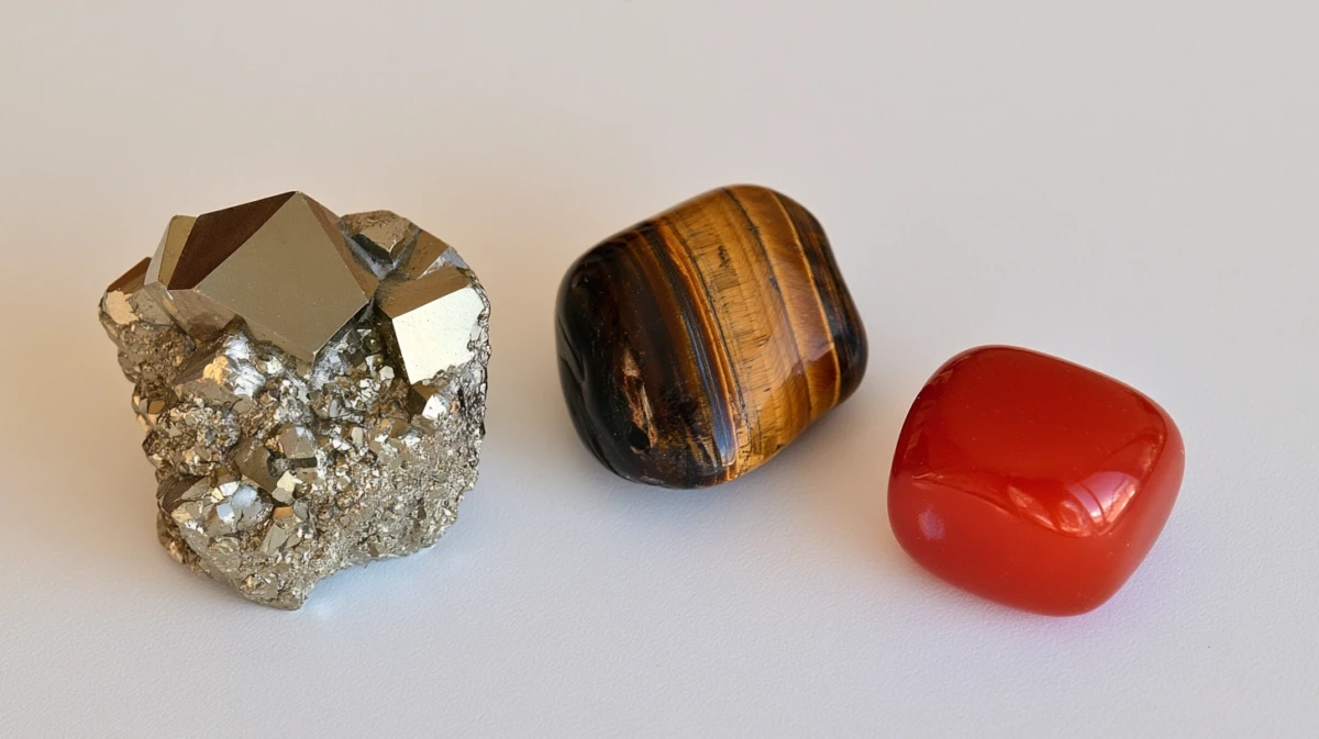 Pyrite, Tiger's Eye, and Carnelian arranged for comparison.