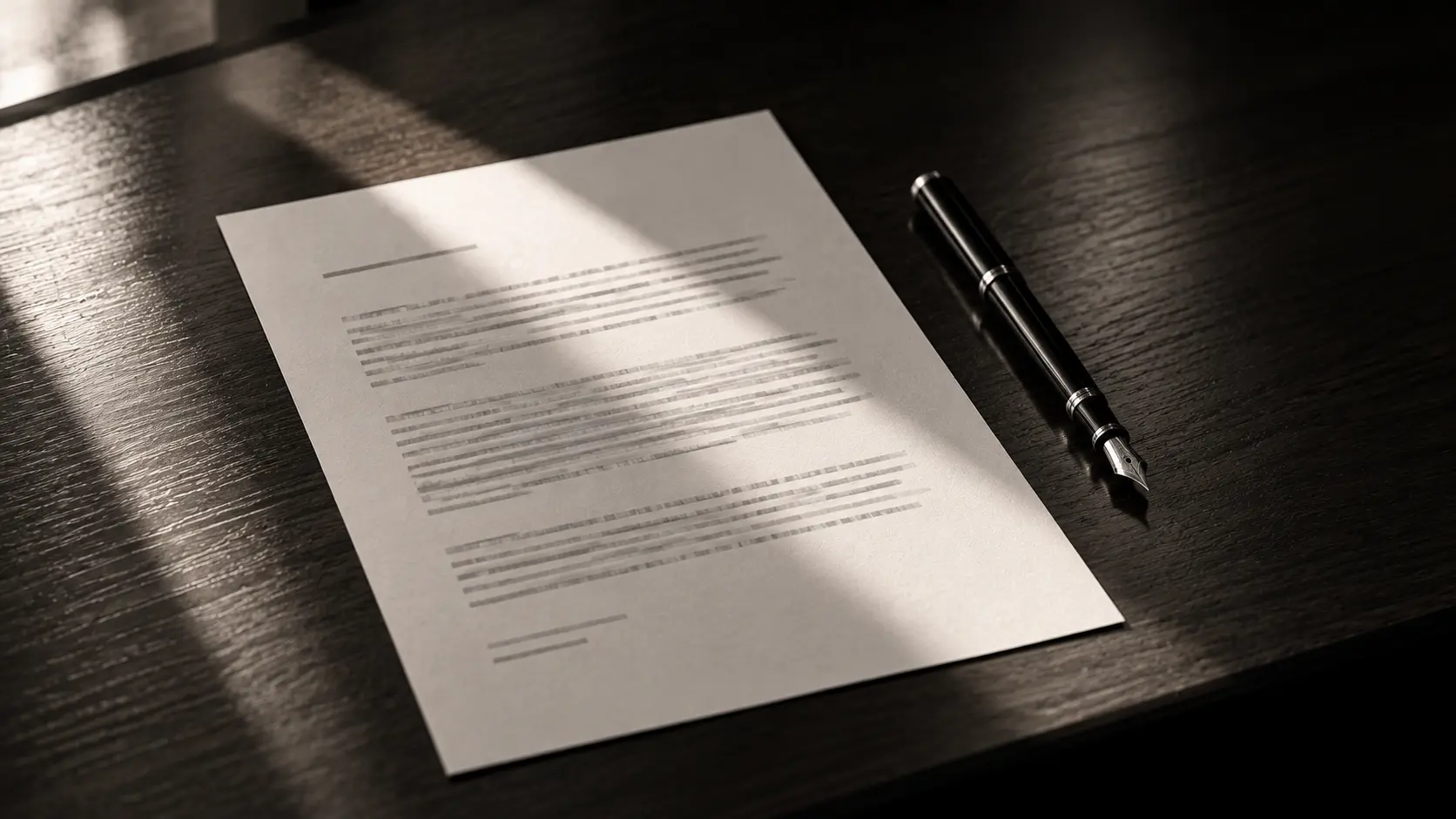 A single printed page and a fountain pen on an empty dark desk