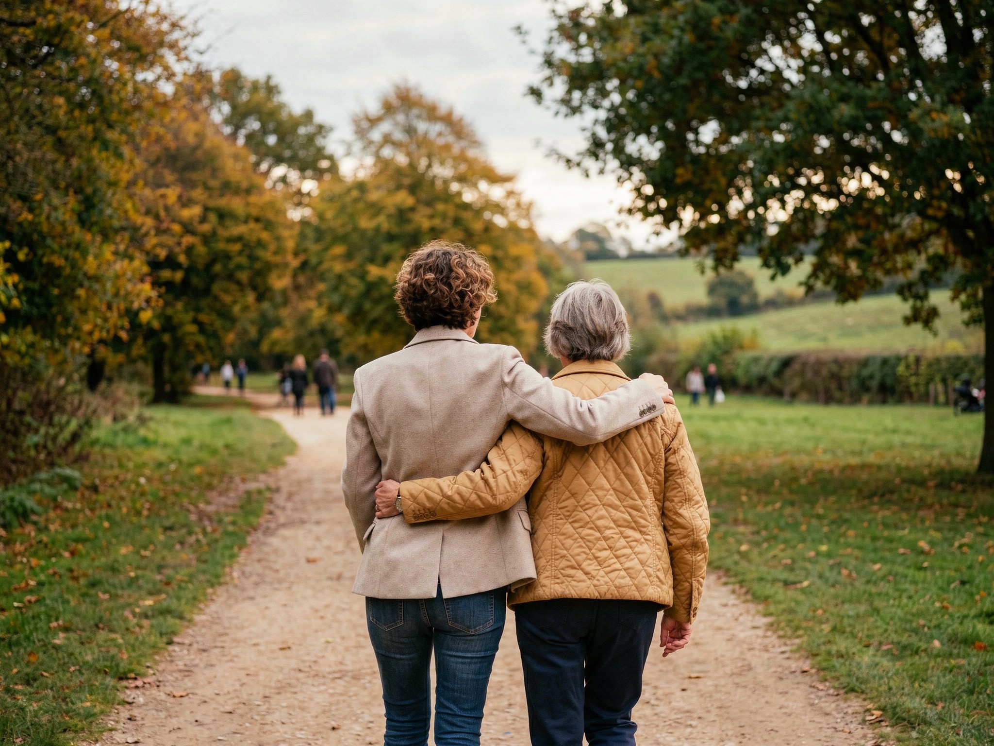 Middle-aged woman hugging older woman while walking in the park