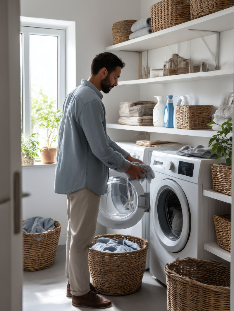 homem colocando roupas na máquina de lavar em uma lavanderia organizada e limpa