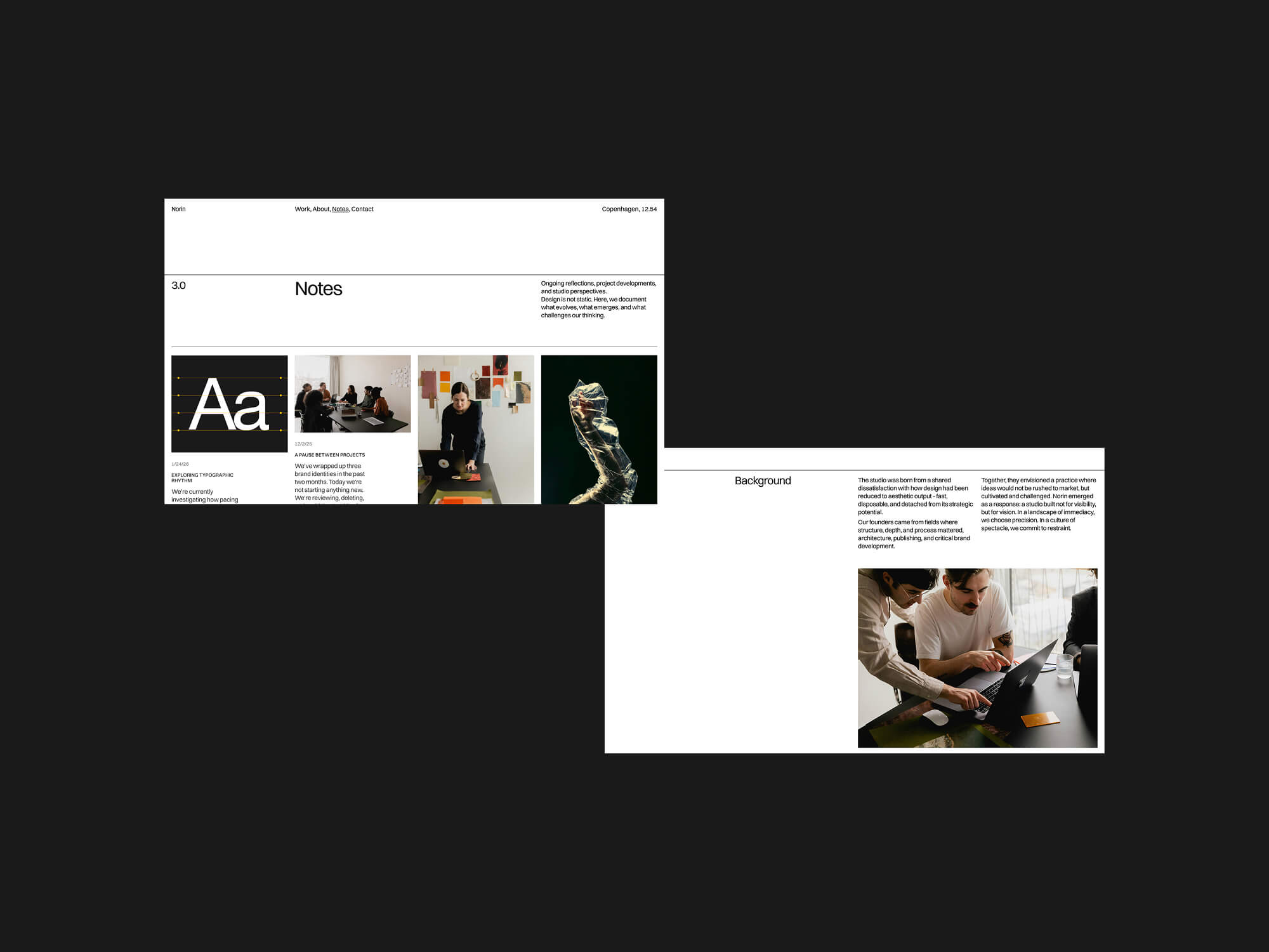Two screenshots of the Norin website on a graphic display