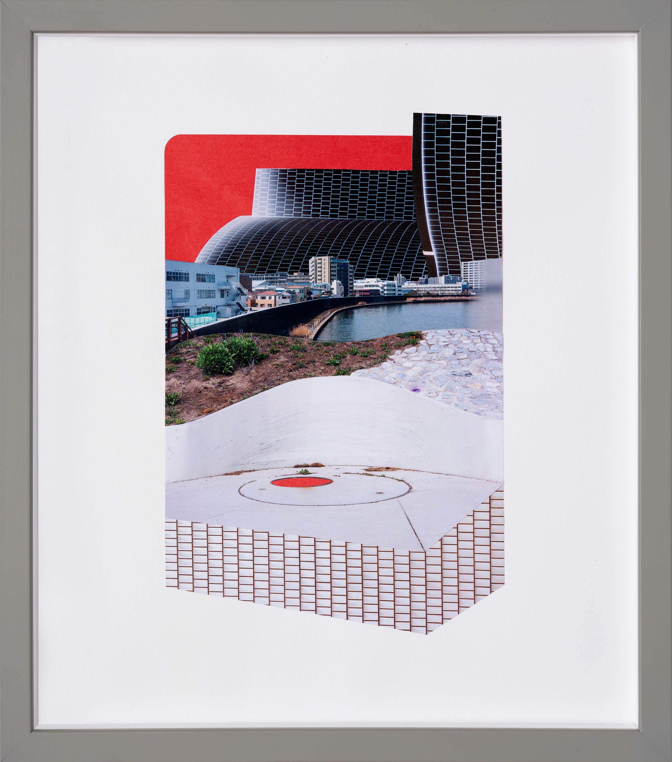 Collage featuring a red backdrop behind a modern architectural dome and urban plaza. Foreground includes a circular court motif and a brick-like grid, blending natural slope with synthetic edges.