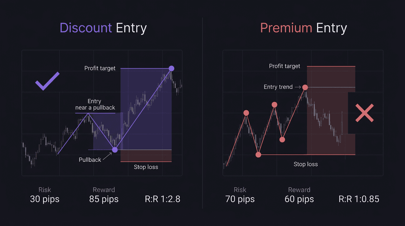 Side-by-side comparison of discount entry with 1:2.8 risk-reward versus premium entry with 1:0.85 risk-reward