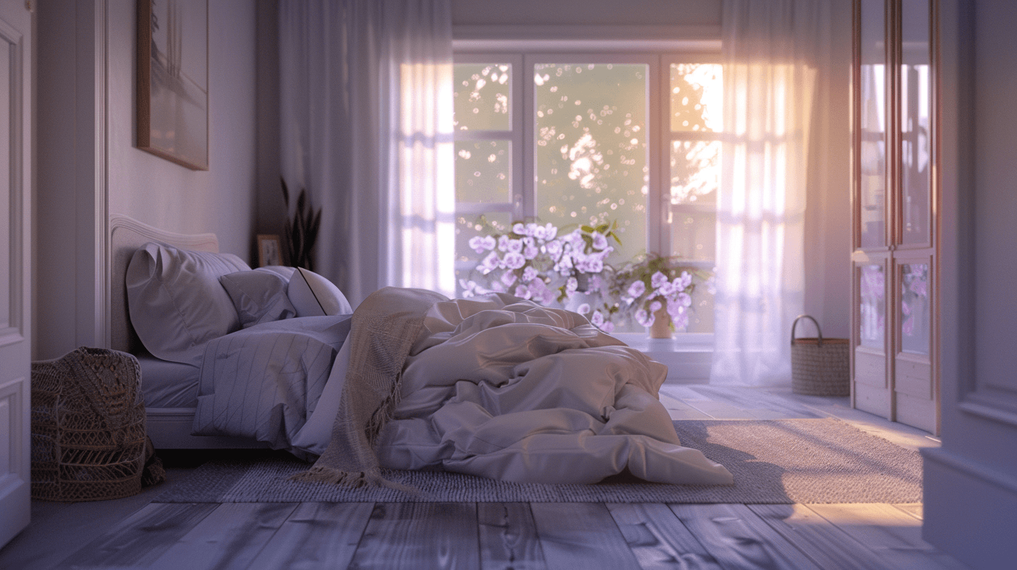 A serene bedroom with purple tones, a minimalist bed, wooden nightstands, and soft natural lighting.