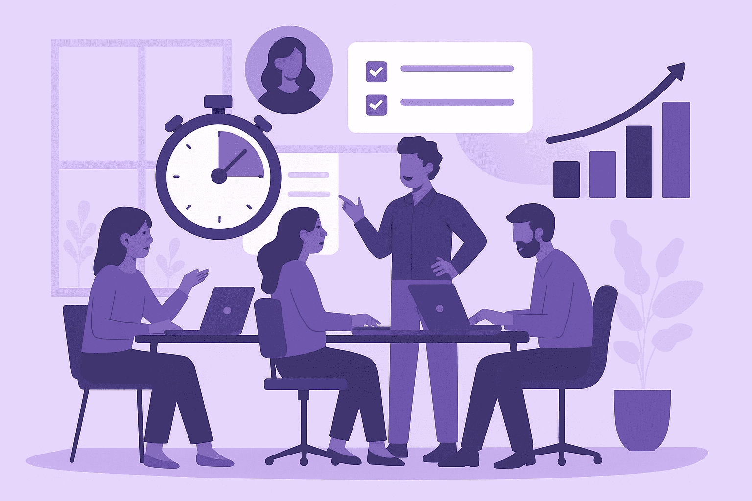 Flat-style modern illustration of professionals collaborating around a desk with abstract time and data symbols, representing time tracking as a tool for trust, teamwork, and productivity.