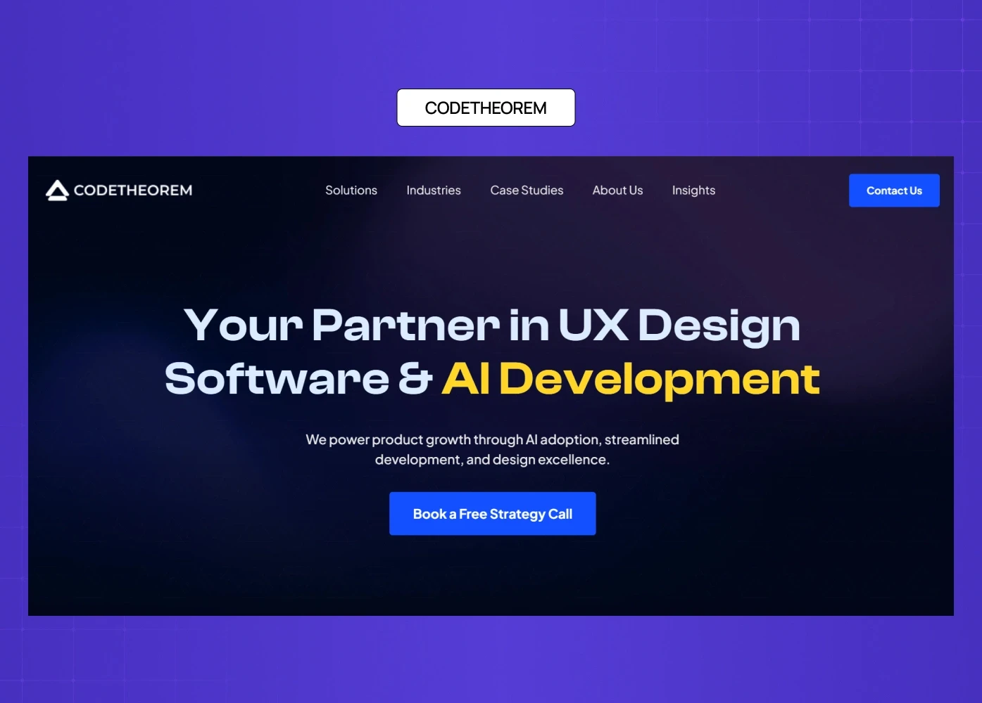 Codetheorem UX design and AI development agency homepage with strong headline and CTA.