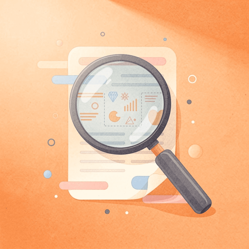 Magnifying glass examining startup growth metrics and SEO data