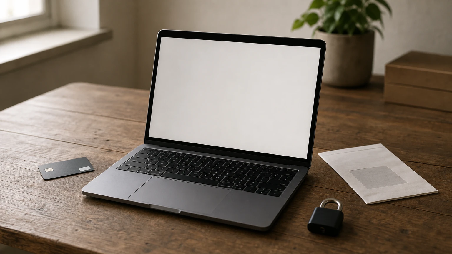 A laptop displays an online checkout form next to a credit card and shipping label.