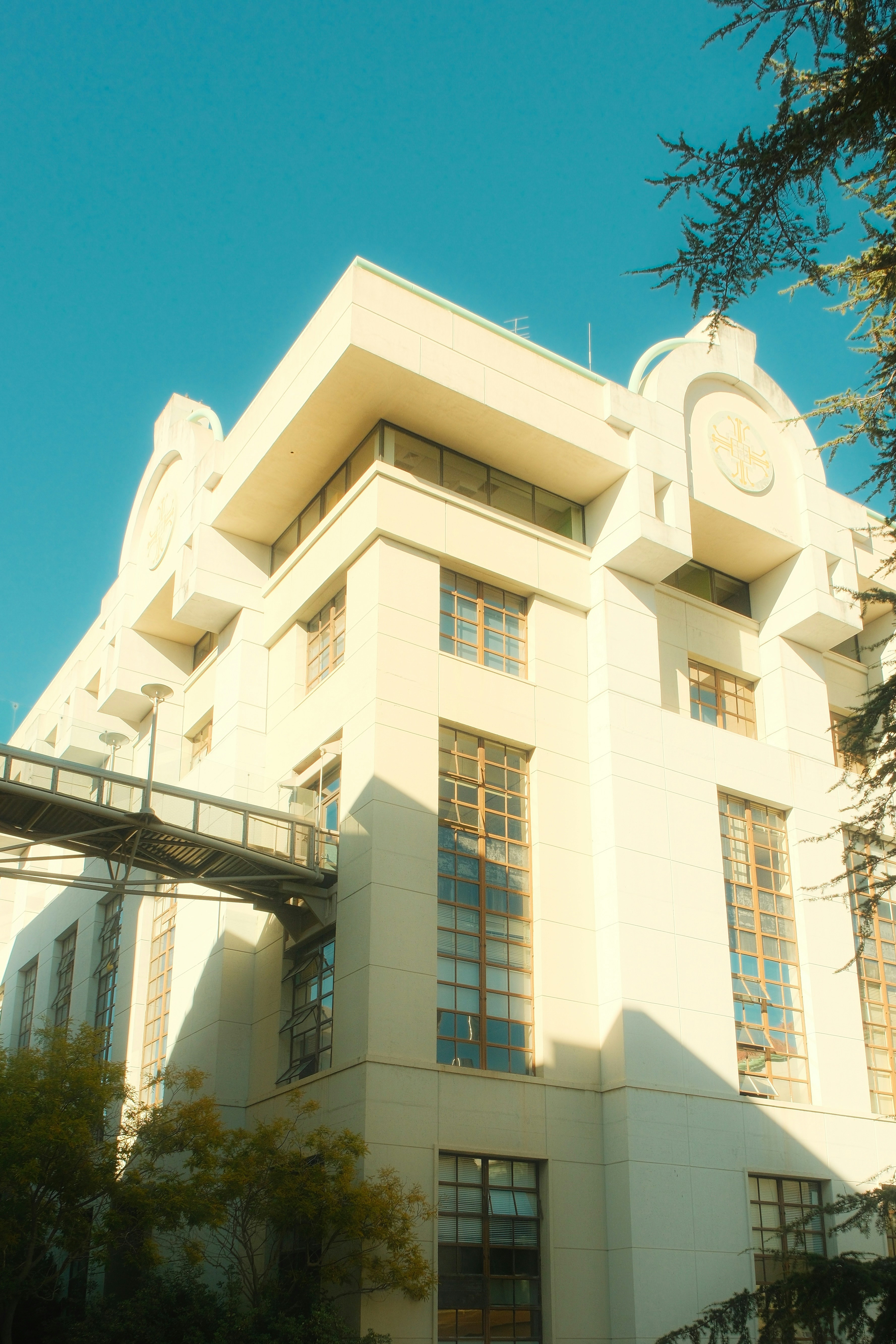 A modern building with a skywalk and trees.
