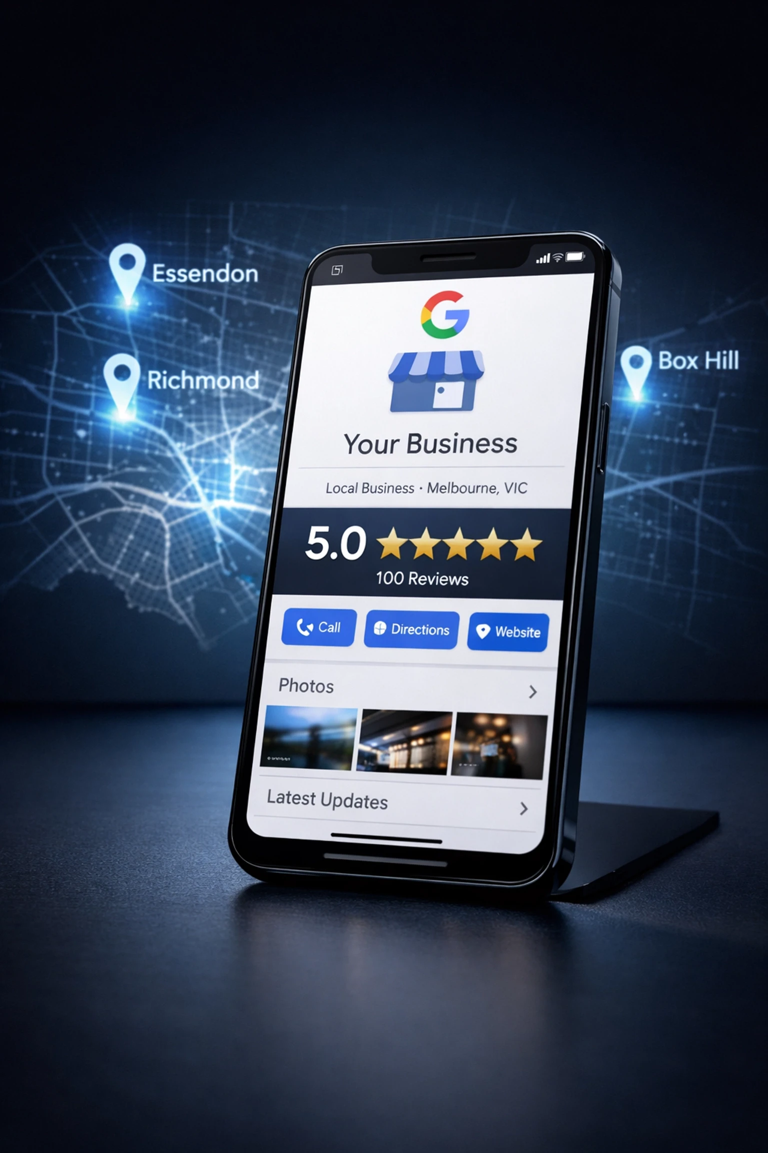 Optimized Google Business Profile with 5-star reviews and Melbourne suburb map showing Richmond, Essendon, Box Hill