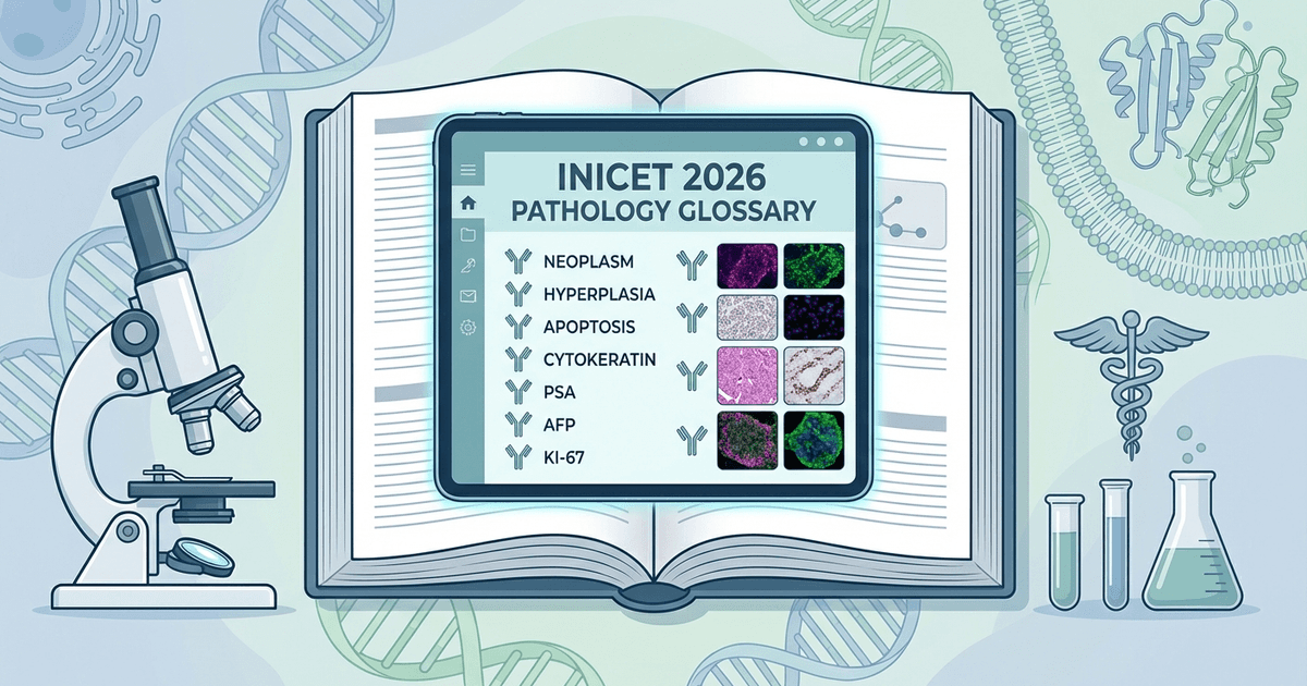 Cover: INICET 2026 Pathology Glossary: High-Yield Terms, Tumor Markers and Staining Mnemonics