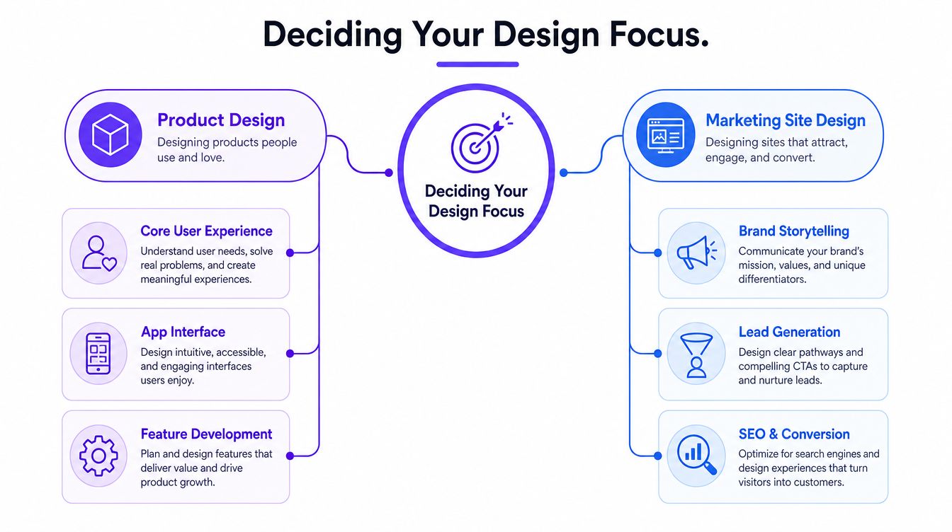 A diagram illustrating the two key branches of design focus: product design and marketing site design.