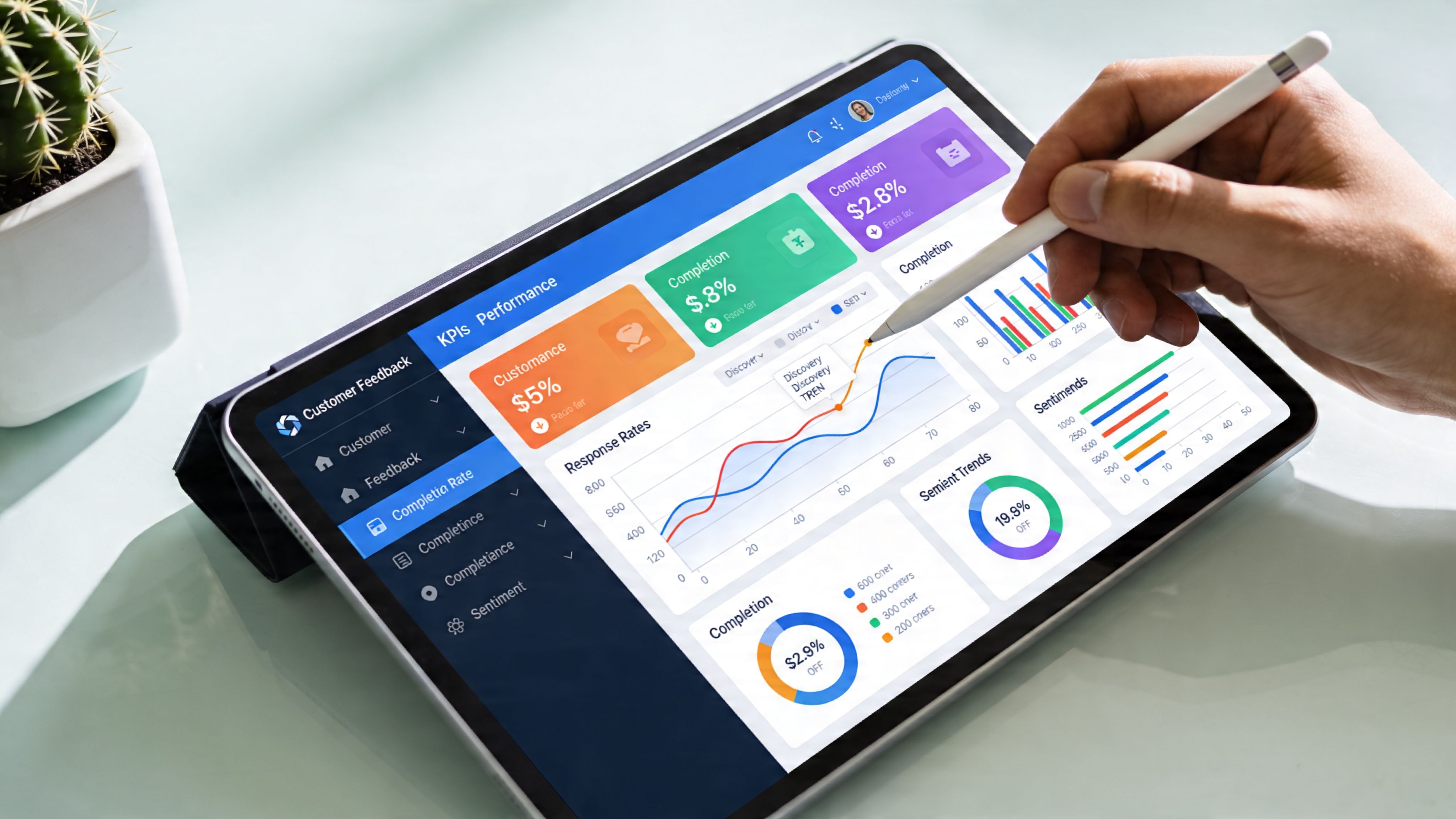 A person using a digital stylus to interact with business analytics software displayed on a tablet screen.