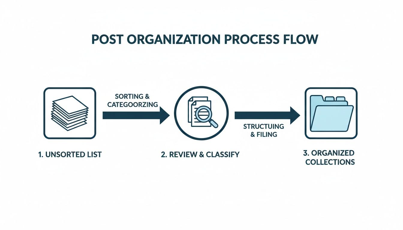 Flowchart depicting the process of organizing documents through sorting, review, and filing.