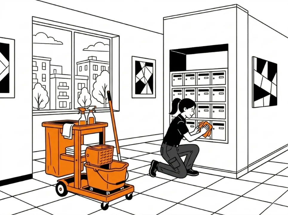 Illustration d'une agente d'entretien Widy's nettoyant des boîtes aux lettres à côté d'un chariot d'entretien orange.
