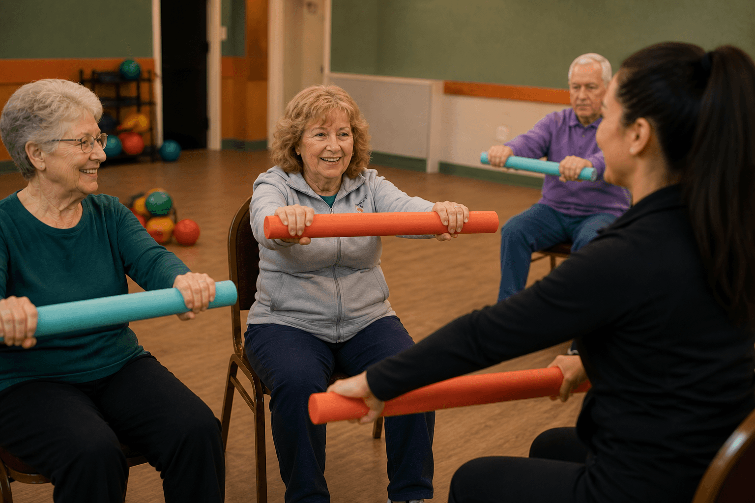 A group of seniors is seated in a circle, engaging in a stretching or exercise session led by an instructor.
