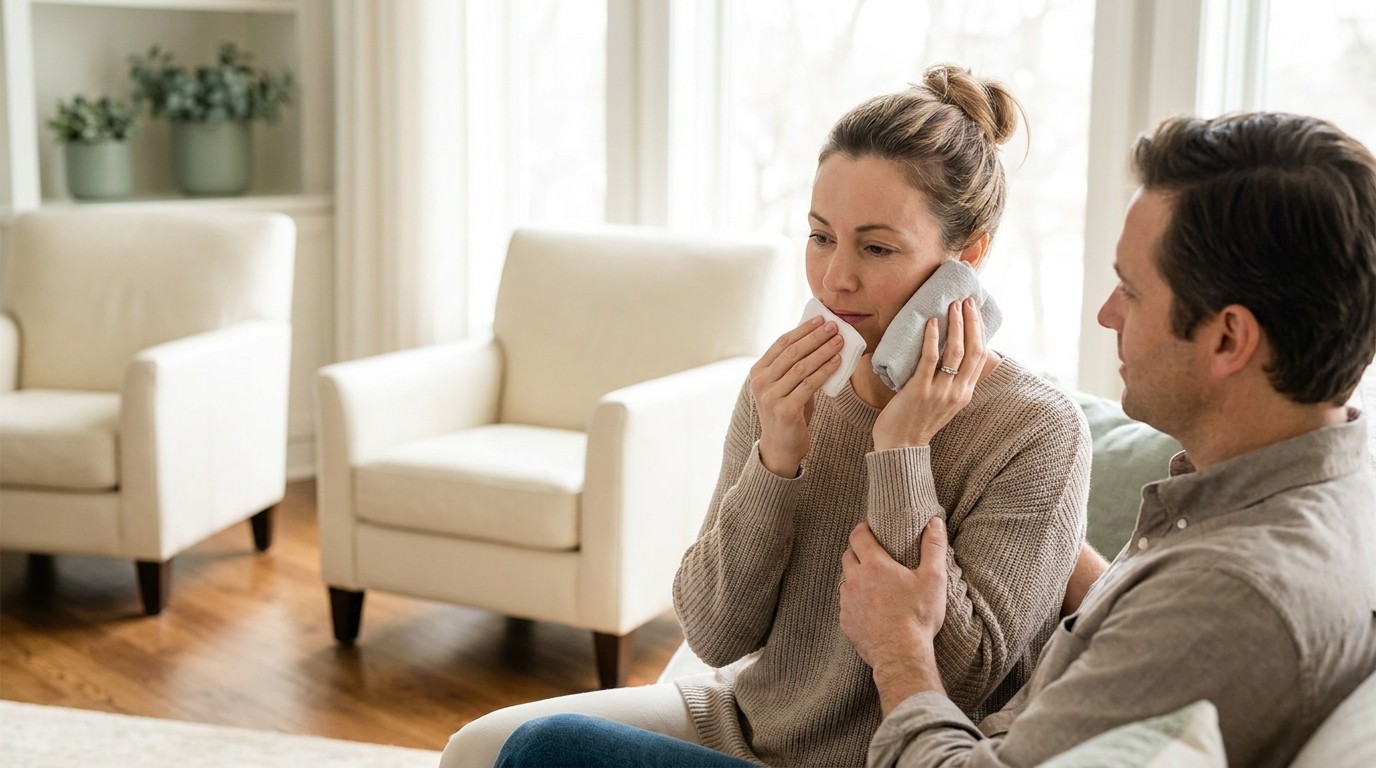 Person calmly holding gauze and a cold compress to a minor lip injury at home