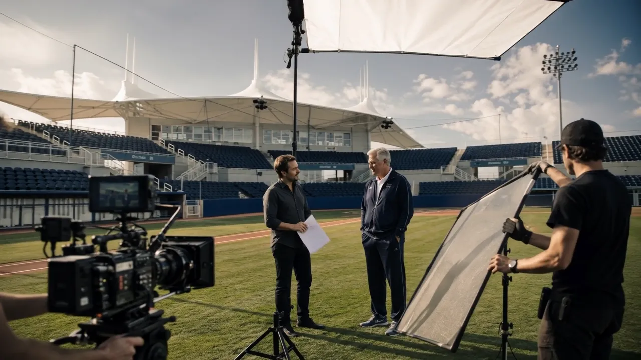 VideoLab crew filming an interview in a stadium
