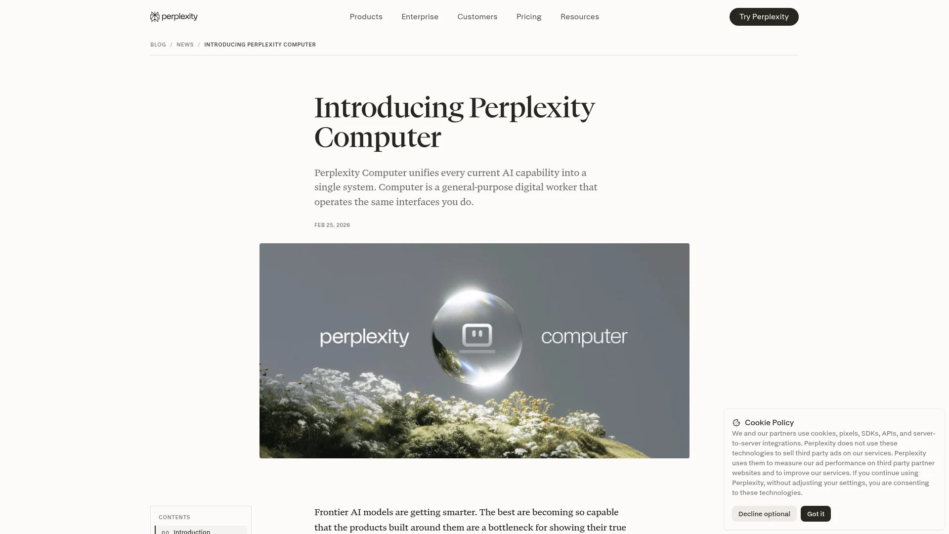 Perplexity Computer agentic AI product page showing multi-model orchestration
