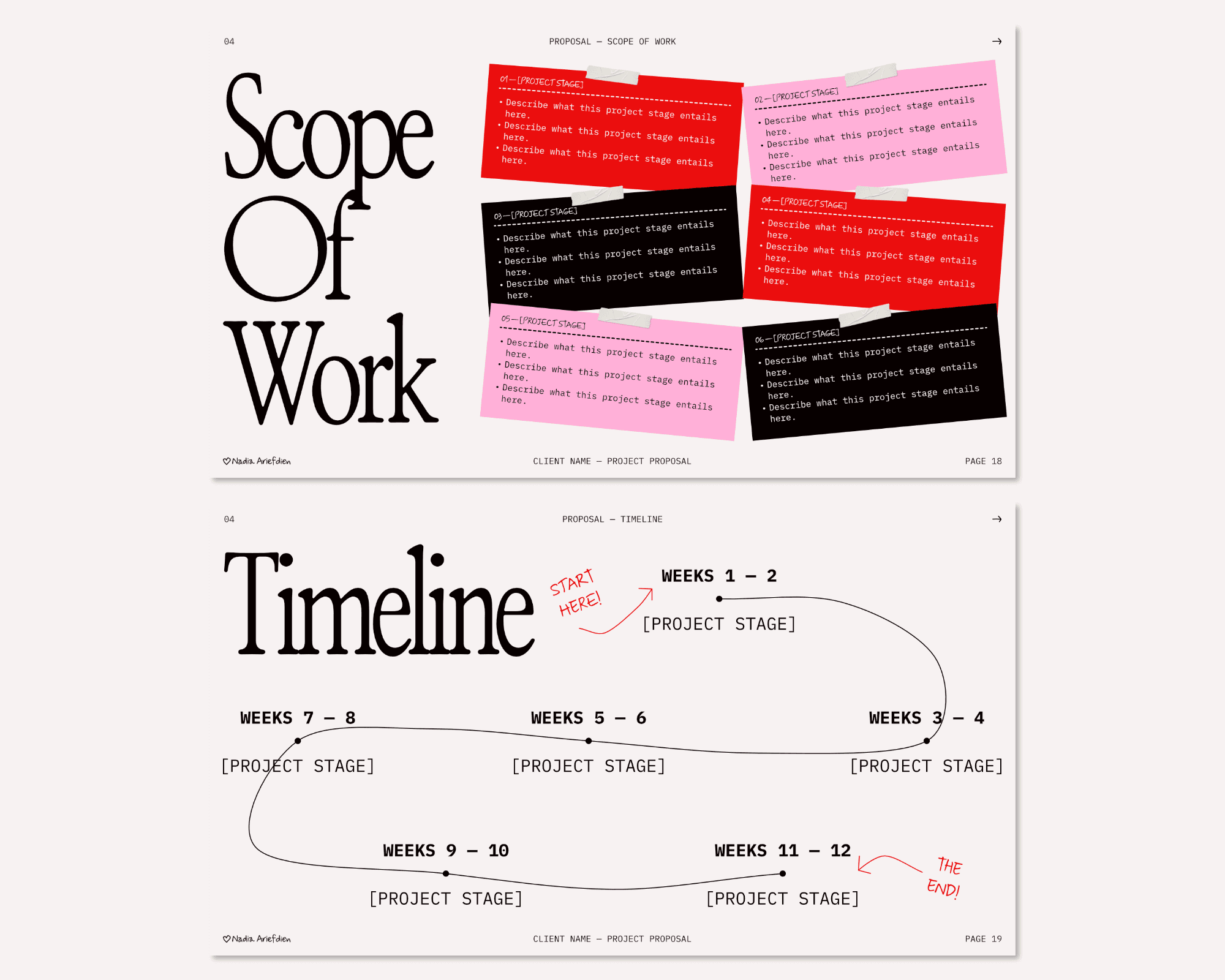 Two pages from Nadia Ariefdien's Project Proposal Presentation Template.