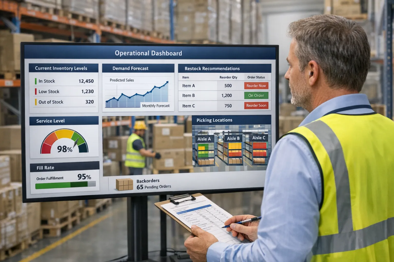 Magazijnmanager in een distributiecentrum kijkt naar een operationeel dashboard met voorraadniveaus, vraagvoorspelling en herbesteladviezen, met pick-locaties en servicelevels zichtbaar.