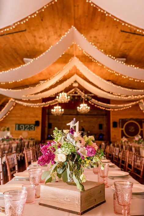 Draped ceiling with string lights over a reception table at Camp Lenox