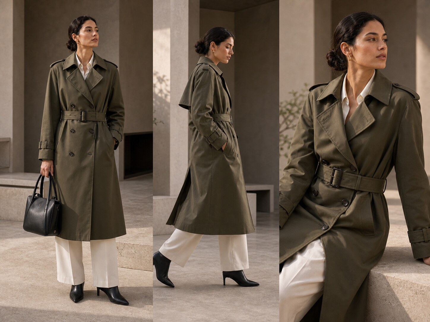 Olive trench coat shown across polished on-model ecommerce views.