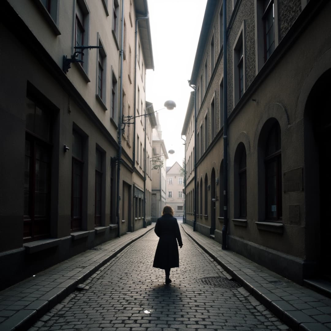 eine frau geht in einer dunklen gasse, sie ist alleine