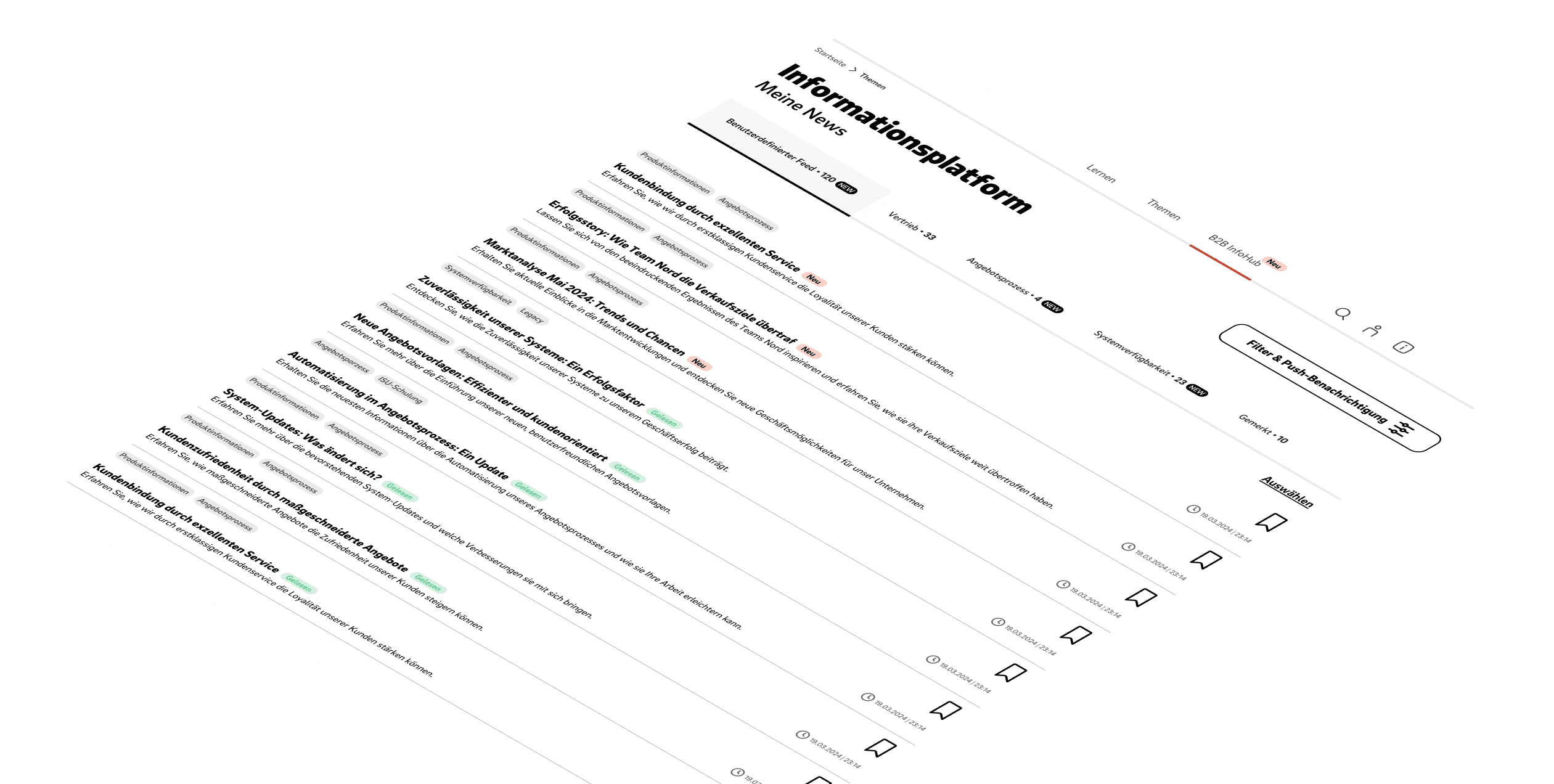 Übersicht verschiedener Artikel die in einer Informationsplattform eingespielt wurden