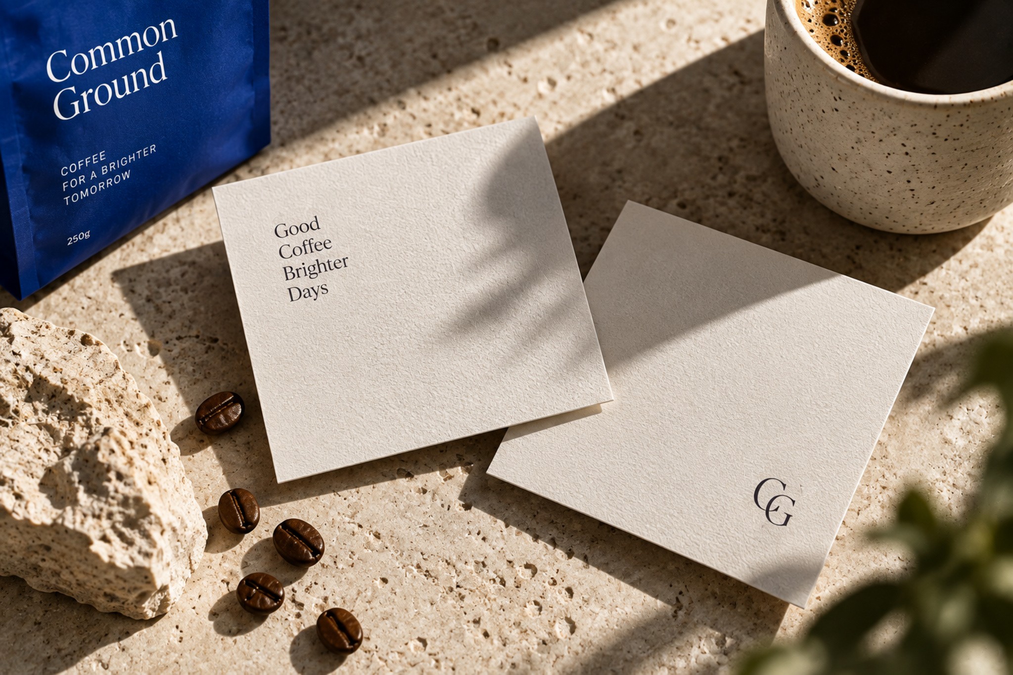 Common Ground branded stationery and blue coffee packaging arranged beside a ceramic coffee cup on a textured stone surface.