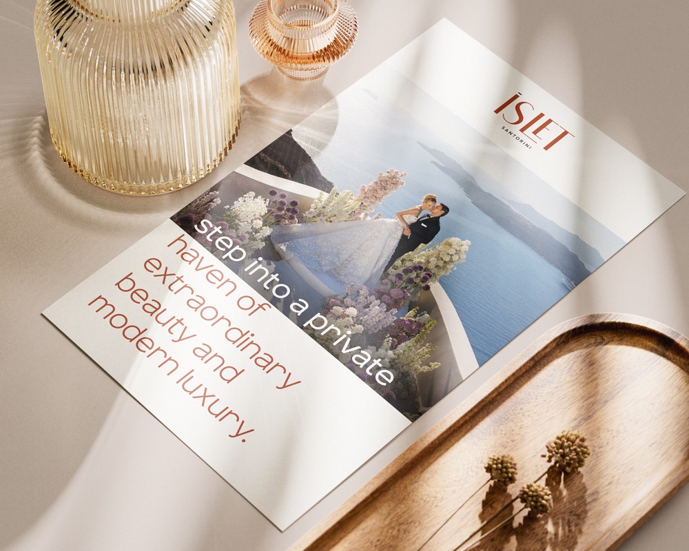 Printed brochure design for ISLET Santorini, emphasizing photography and a sense of refined luxury
