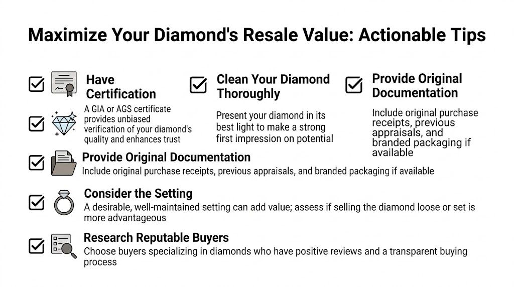 An infographic titled Maximize Your Diamond's Resale Value with tips on certification, cleaning, documentation, settings, and buyers.