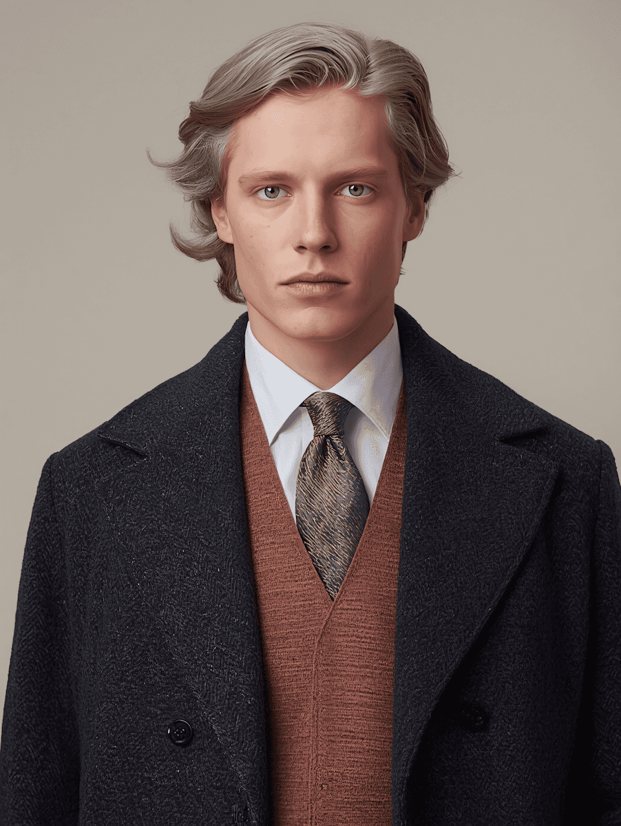 Young man with wavy hair wears a dark overcoat, rust-colored sweater, white shirt, and patterned tie, exuding a poised and sophisticated demeanor.
