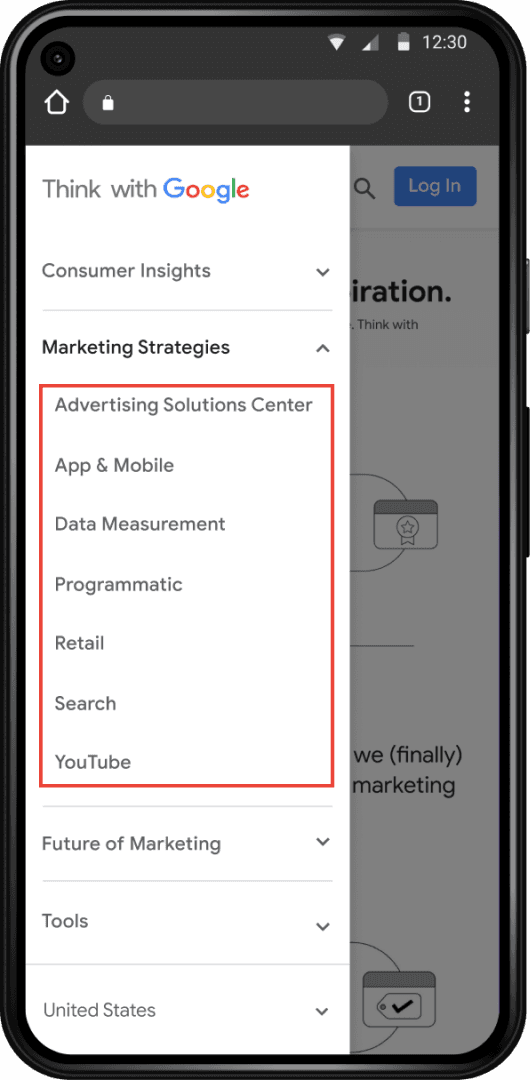 Mobile screen display of the Think with Google home page
