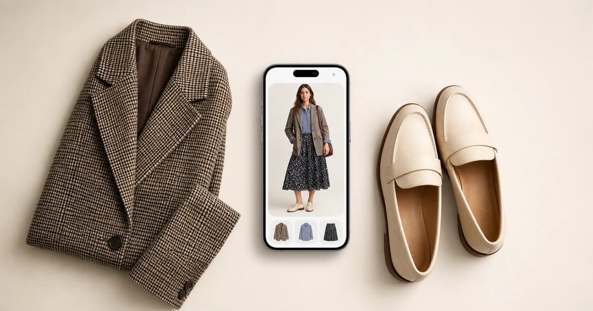 Hero garment beside a phone showing a matching outfit for compare clothes before buying on a warm ivory background
