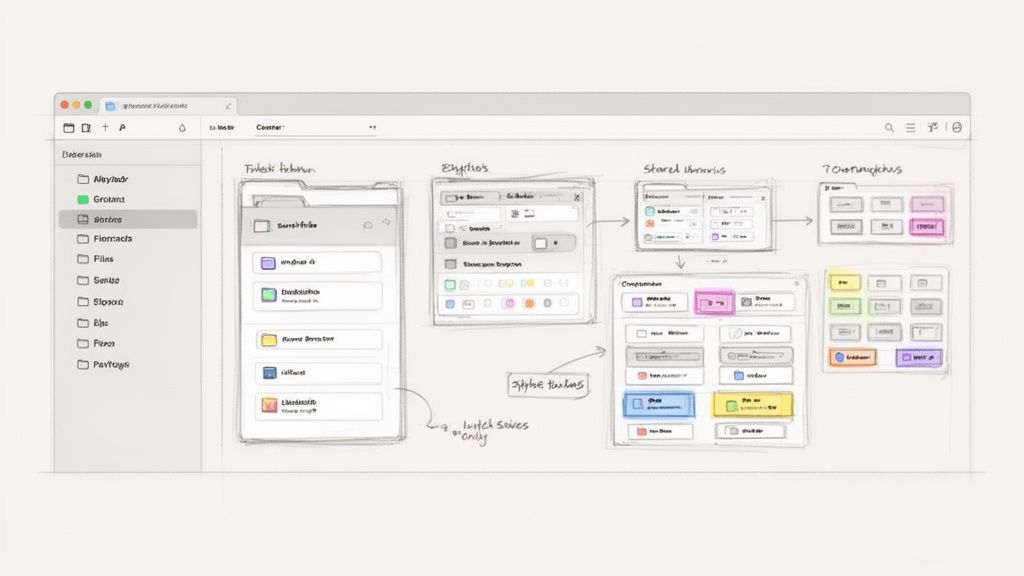 A detailed sketch of a browser interface showing multiple UI wireframes for a file management system.