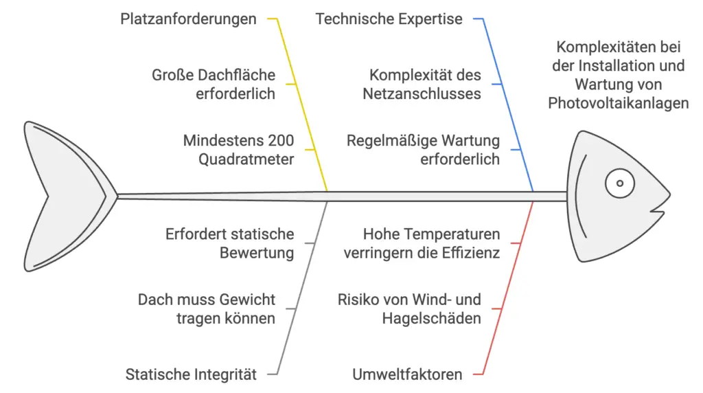 Eine graphische Aufschlüsselung der Installations- und Wartungsherausforderungen einer PV-Anlage in Form von Fischgräten