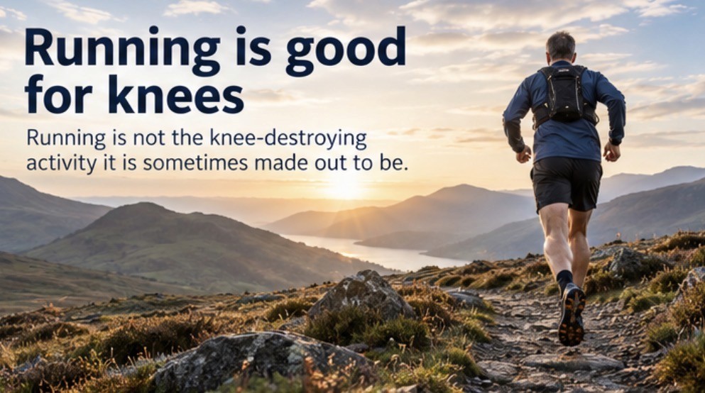 Trail runner running uphill at sunrise above a lake, with the caption "Running is good for knees