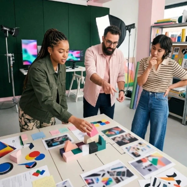 Atelier collaboratif de design thinking pour la définition d'une architecture de marque, illustrant notre expertise en "Conseil et stratégie de marque" pour structurer des offres complexes et cohérentes