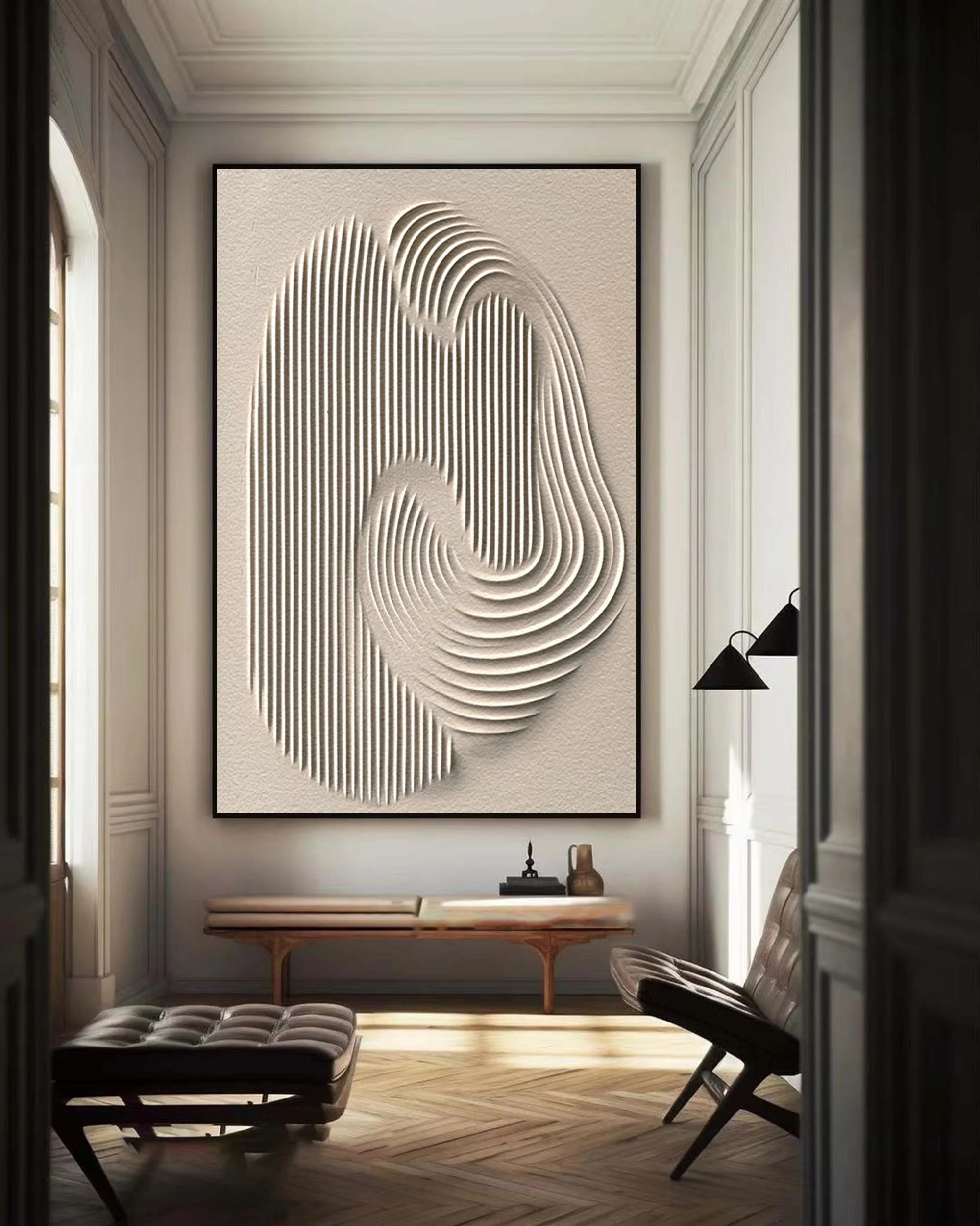 White textured artwork with abstract wavy lines.