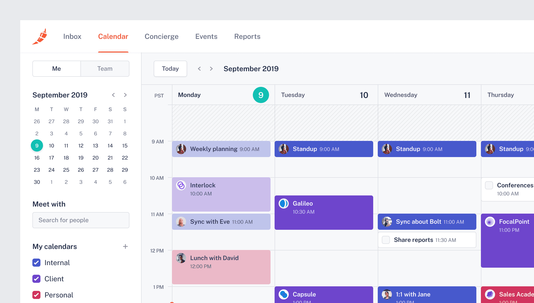 A calendar view of the user’s week. On the left side, there’s the month preview, the option to view other user’s calendar, and the user’s calendars filter. The main part of the screen contains a weekly view of the user’s schedule. There are about 4 meetings and/or tasks per day scheduled.