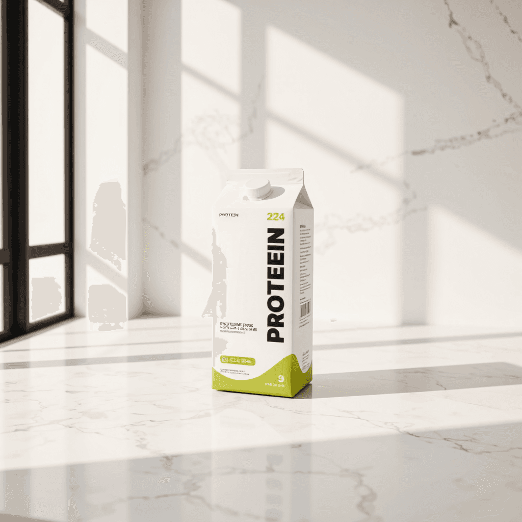 product photography of a carton of protein drink, designed for quick consumption and muscle recovery